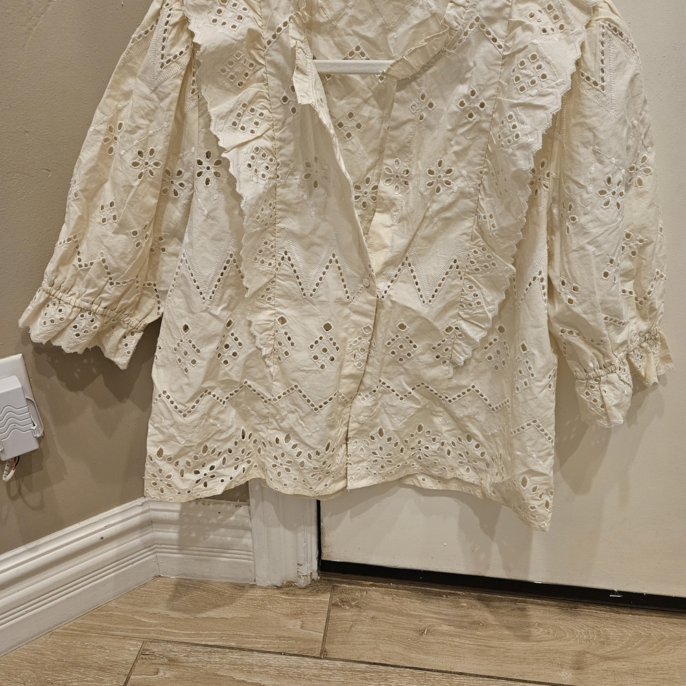 Zara Cream Eyelet Ruffle Blouse